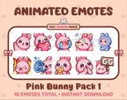 Pink Bunny animated Twitch emote pack featuring 10 emotes including GG, angry, cry, and hype.