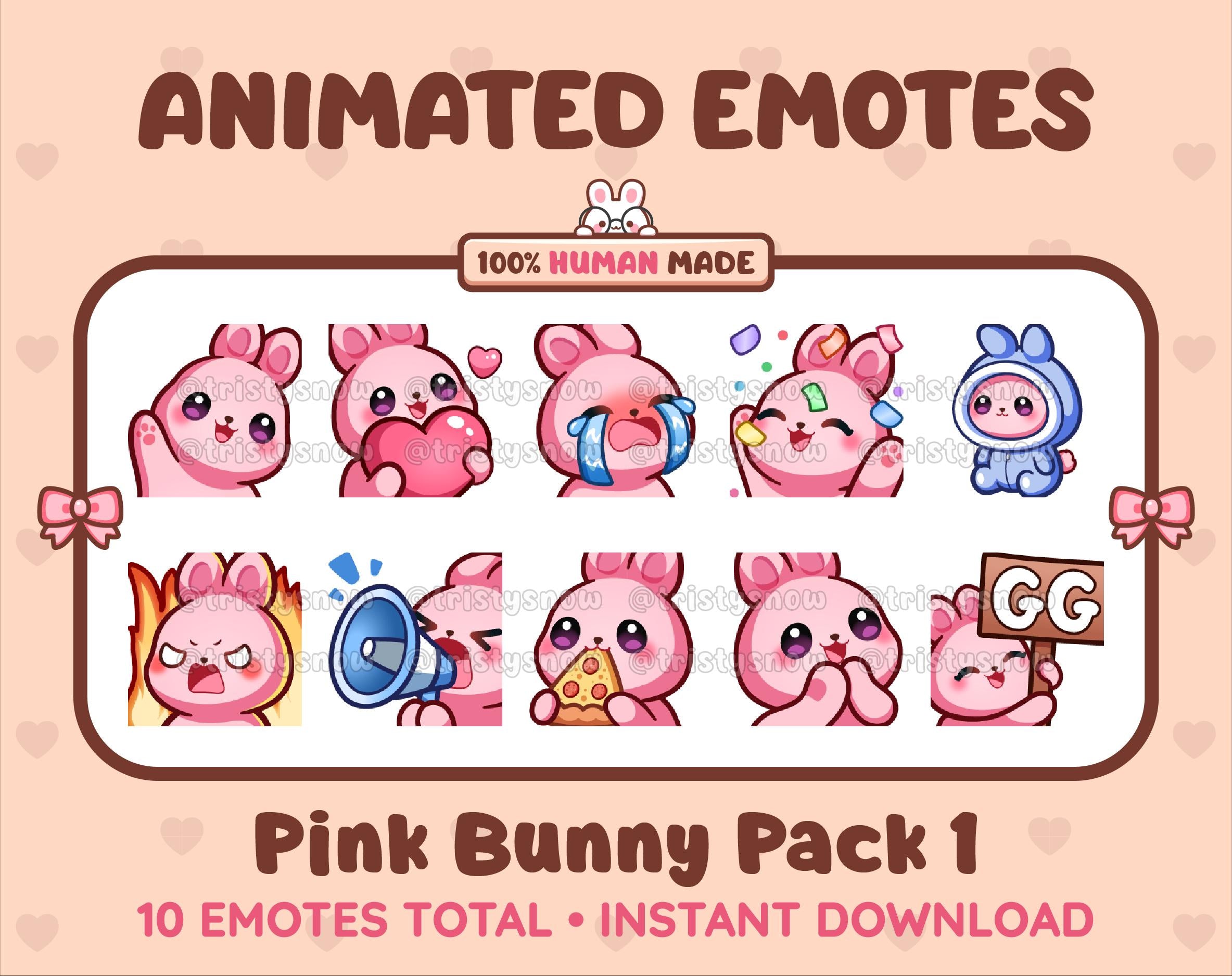 Pink Bunny animated Twitch emote pack featuring 10 emotes including GG, angry, cry, and hype.