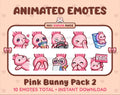 Pink Bunny animated Twitch emote pack featuring 10 emotes including kiss, facepalm, shy, and raid.