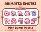 Pink Bunny animated Twitch emote pack featuring 10 emotes including kiss, facepalm, shy, and raid.