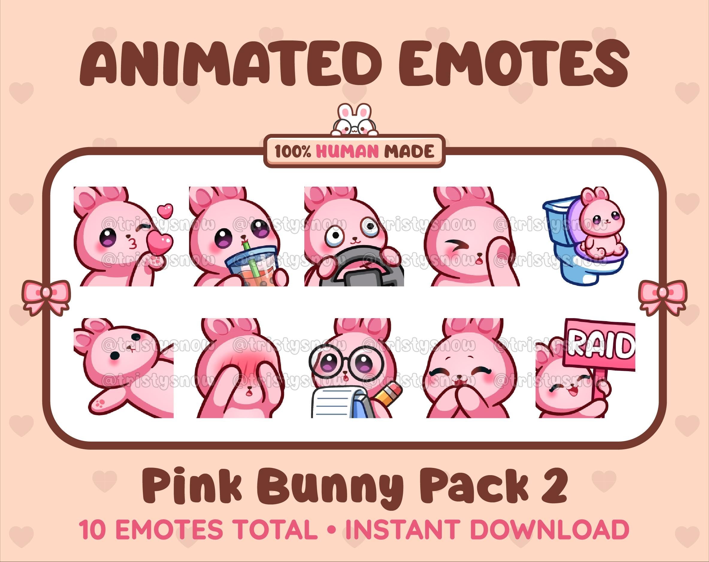 Pink Bunny animated Twitch emote pack featuring 10 emotes including kiss, facepalm, shy, and raid.