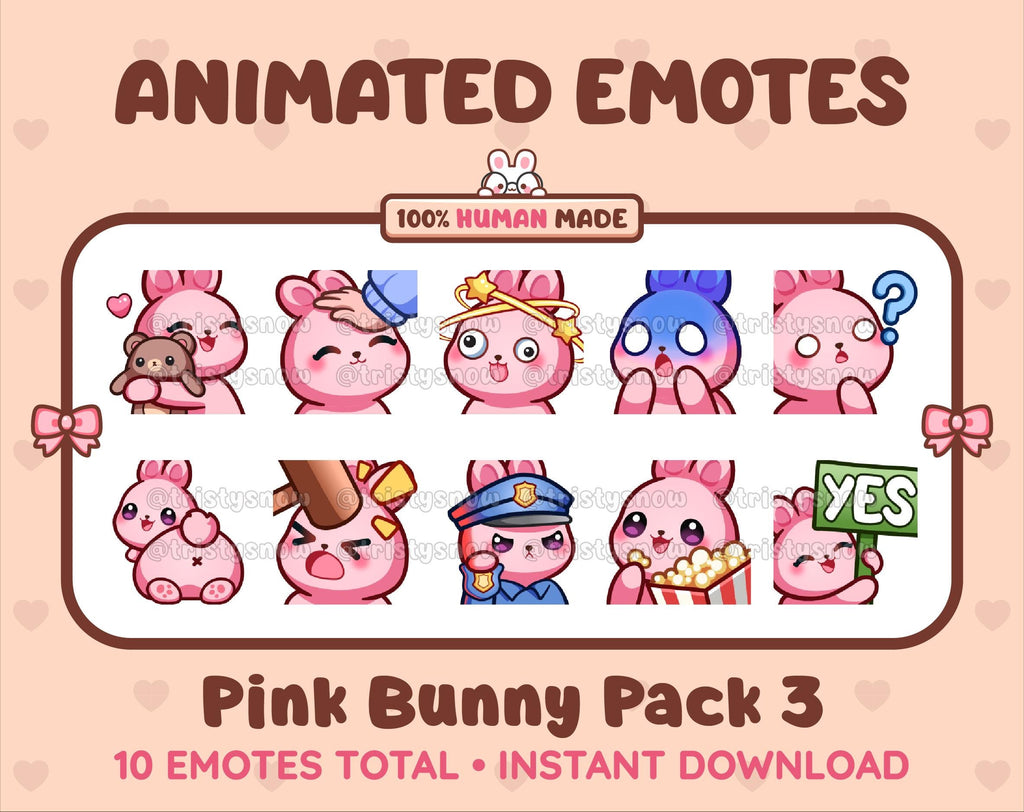Pink Bunny animated Twitch emote pack featuring 10 emotes including hug, scared, bonk, and popcorn.