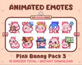 Pink Bunny animated Twitch emote pack featuring 10 emotes including hug, scared, bonk, and popcorn.