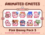 Pink Bunny animated Twitch emote pack featuring 10 emotes including hug, scared, bonk, and popcorn.