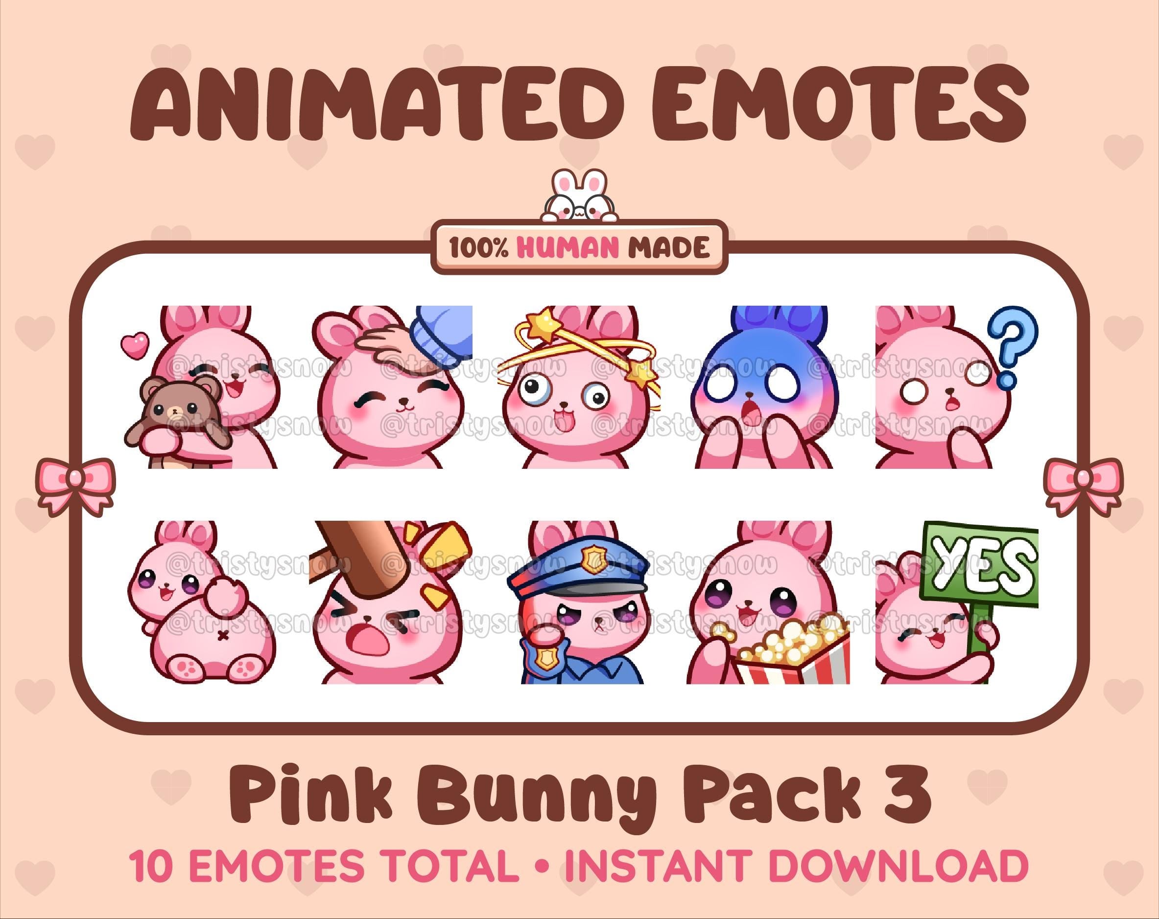 Pink Bunny animated Twitch emote pack featuring 10 emotes including hug, scared, bonk, and popcorn.