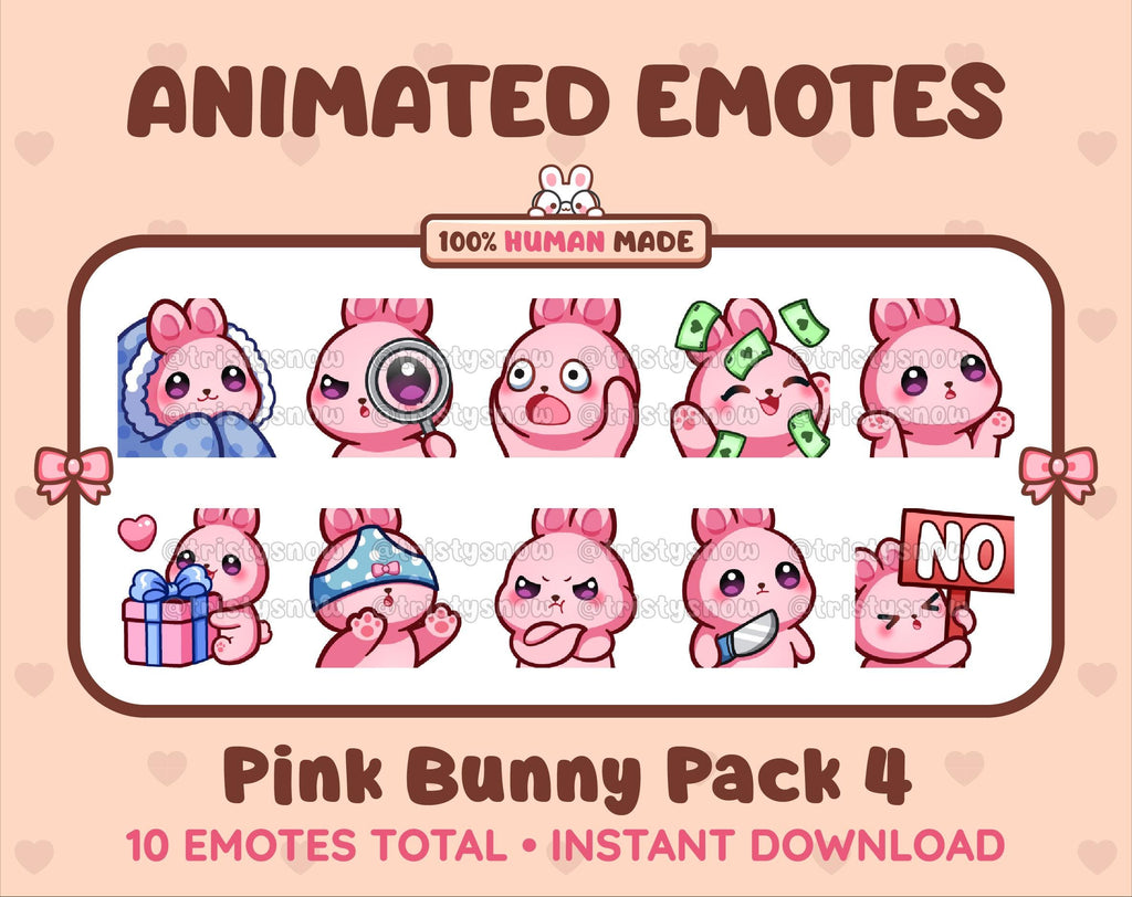 Pink Bunny animated Twitch emote pack featuring 10 emotes including cozy, sus, panic, and shrug.