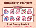 Pink Bunny animated Twitch emote pack featuring 10 emotes including cozy, sus, panic, and shrug.