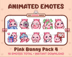 Pink Bunny animated Twitch emote pack featuring 10 emotes including cozy, sus, panic, and shrug.