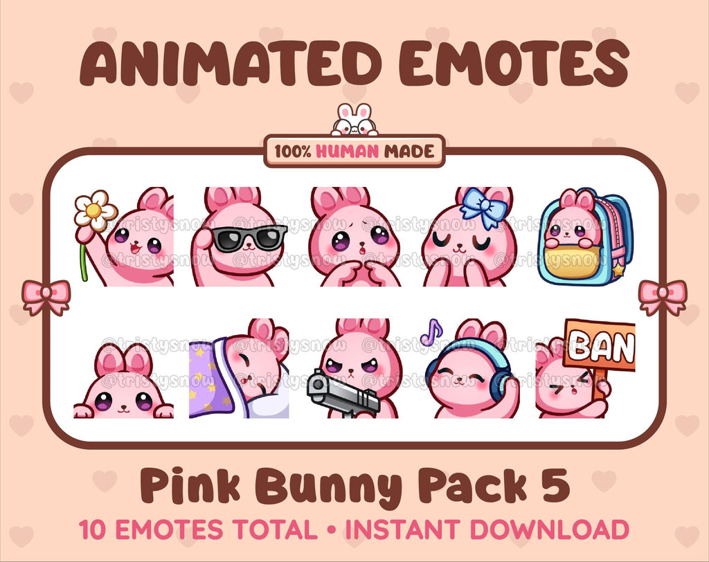 Pink Bunny animated Twitch emote pack featuring 10 emotes including flower, cool, plead, and lurk.