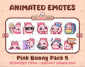 Pink Bunny animated Twitch emote pack featuring 10 emotes including flower, cool, plead, and lurk.
