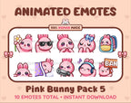 Pink Bunny animated Twitch emote pack featuring 10 emotes including flower, cool, plead, and lurk.