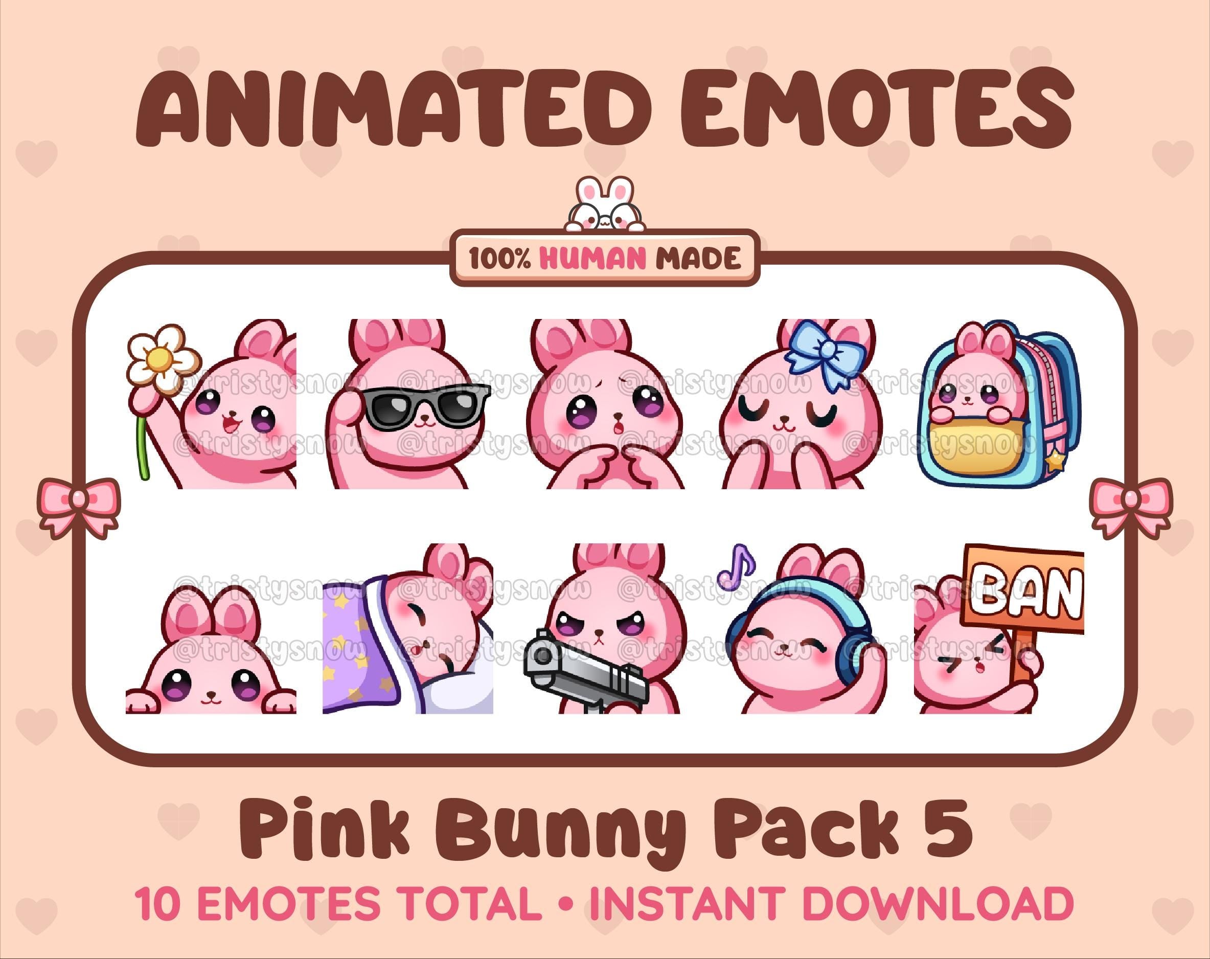 Pink Bunny animated Twitch emote pack featuring 10 emotes including flower, cool, plead, and lurk.