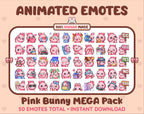 Pink Bunny animated Twitch emote mega pack featuring 50 emotes including hype, kiss, raid, and lurk.
