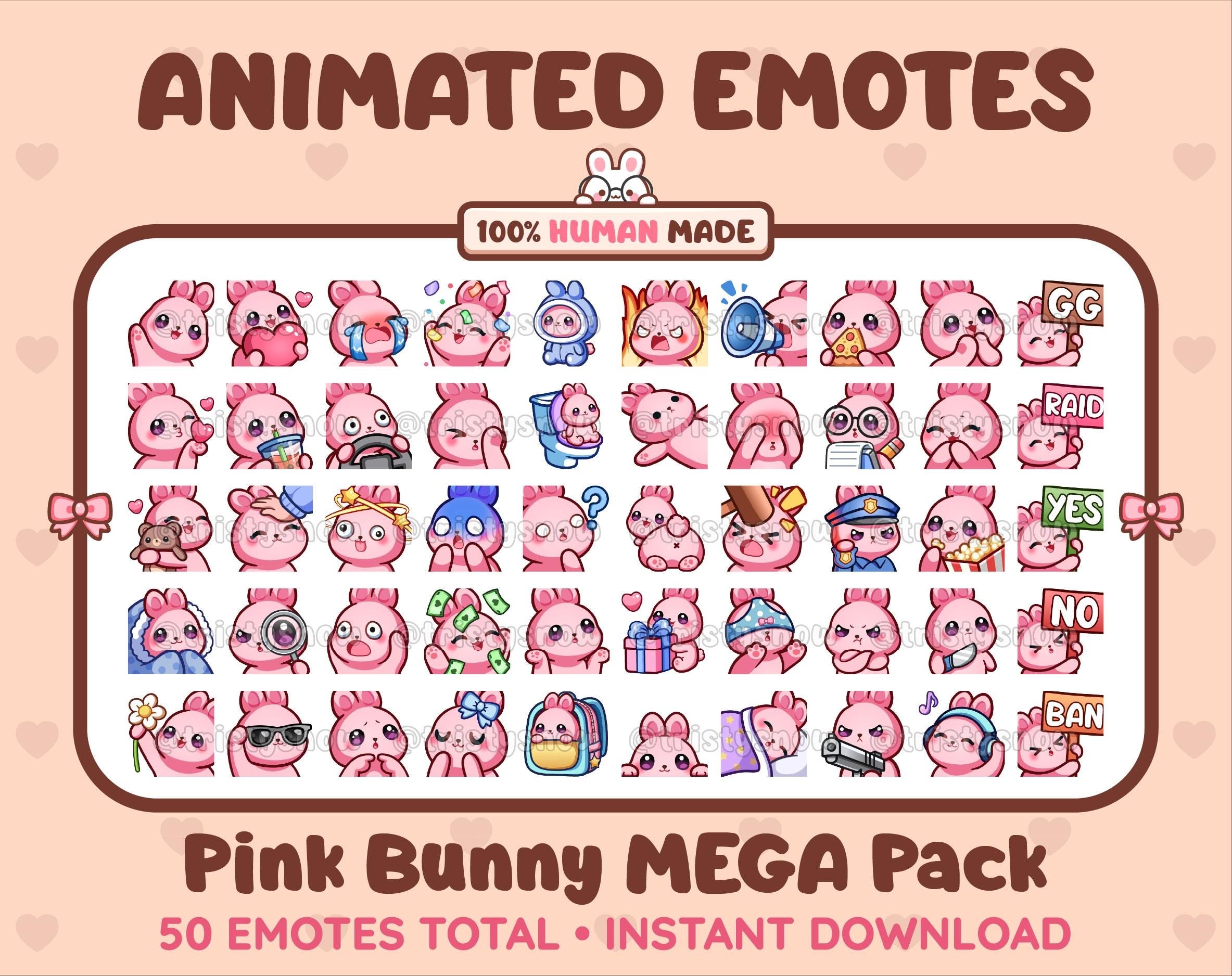 Pink Bunny animated Twitch emote mega pack featuring 50 emotes including hype, kiss, raid, and lurk.
