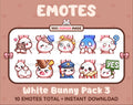 White Bunny Twitch emote pack featuring 10 emotes including hug, scared, bonk, and popcorn.