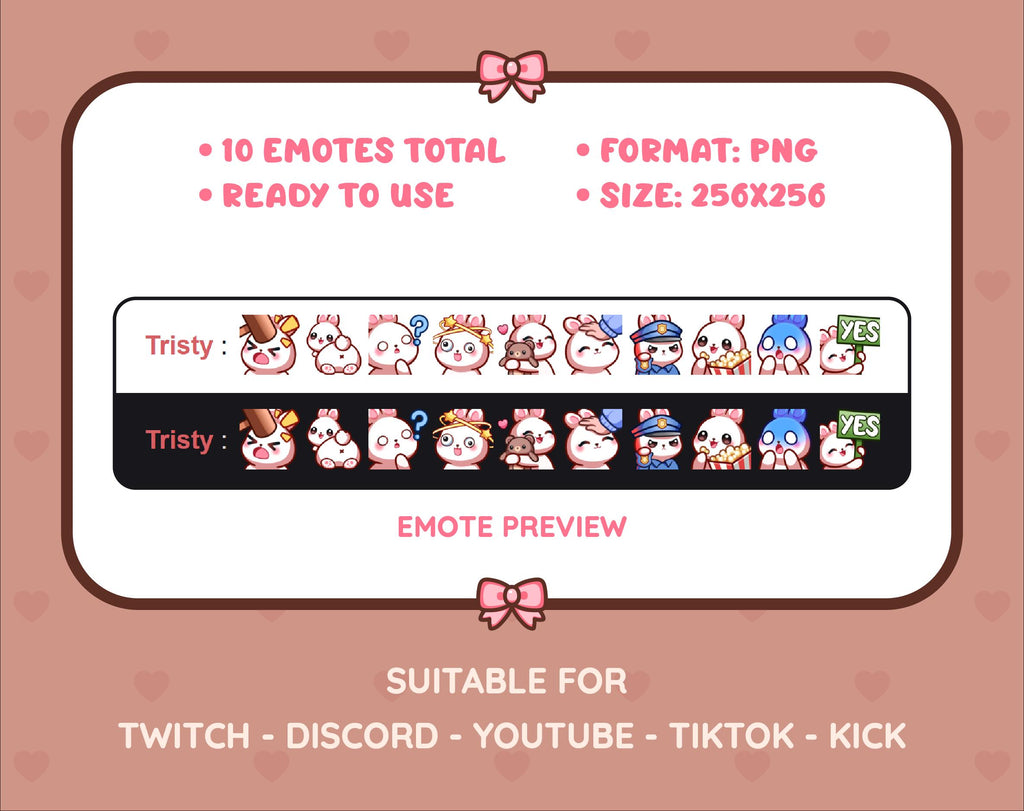 White Bunny Twitch emote pack preview displaying all 10 emotes with format and size information.