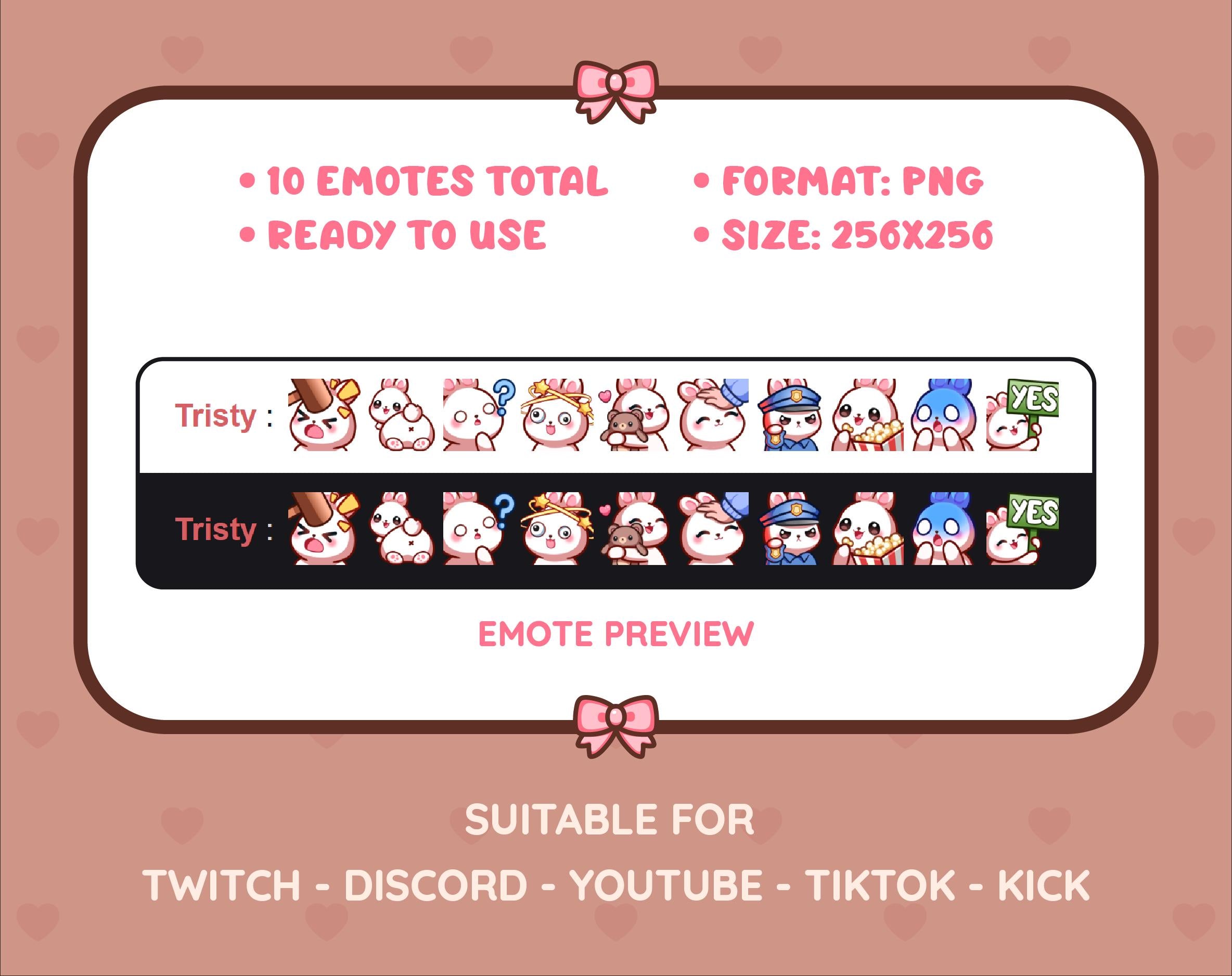 White Bunny Twitch emote pack preview displaying all 10 emotes with format and size information.