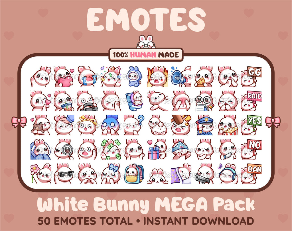 White Bunny Twitch emote mega pack featuring 50 emotes including hype, kiss, raid, and lurk.