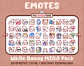 White Bunny Twitch emote mega pack featuring 50 emotes including hype, kiss, raid, and lurk.