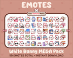 White Bunny Twitch emote mega pack featuring 50 emotes including hype, kiss, raid, and lurk.