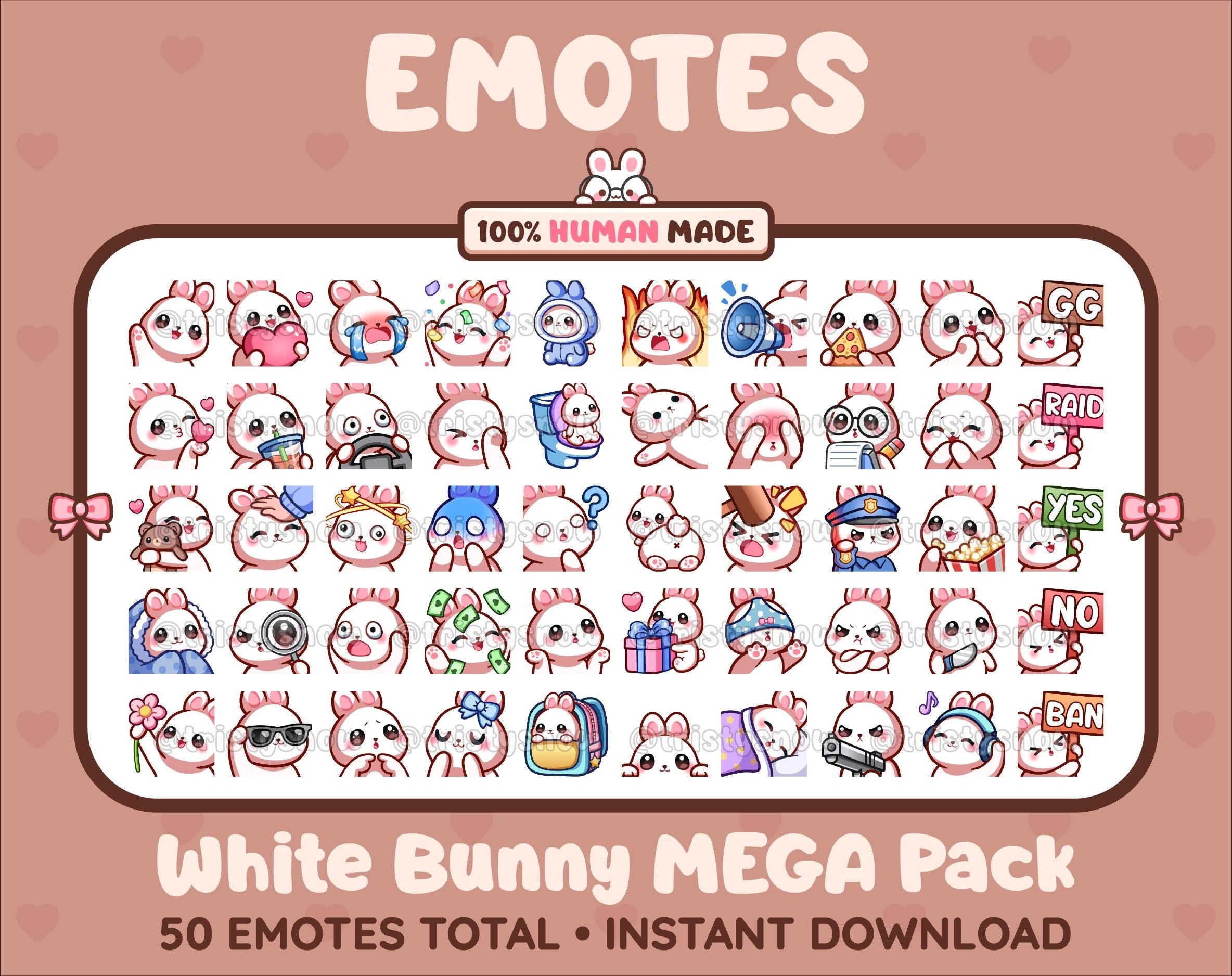 White Bunny Twitch emote mega pack featuring 50 emotes including hype, kiss, raid, and lurk.