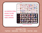 White Bunny Twitch emote mega pack preview displaying all 50 emotes with format and size information.