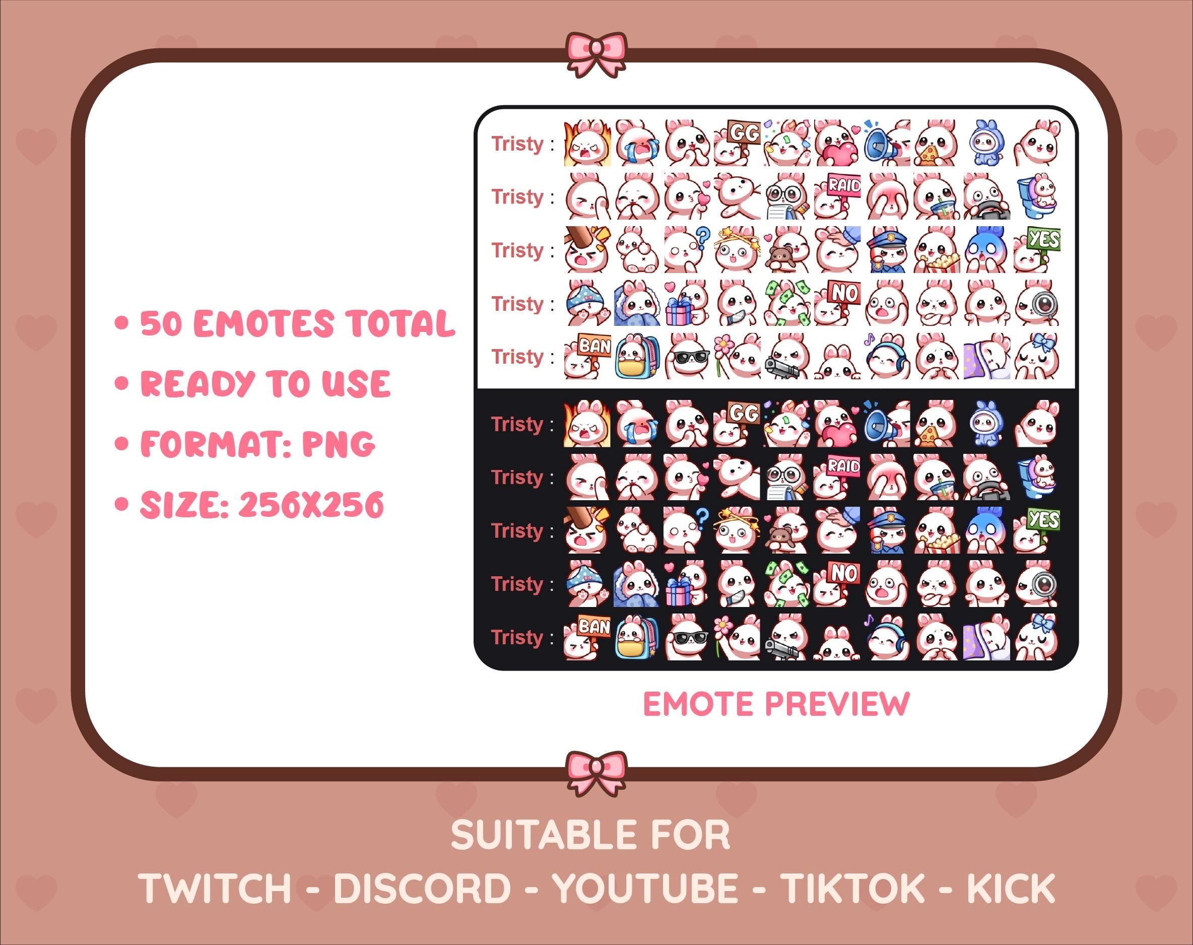 White Bunny Twitch emote mega pack preview displaying all 50 emotes with format and size information.