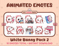 White Bunny animated Twitch emote pack featuring 10 emotes including kiss, facepalm, shy, and raid.