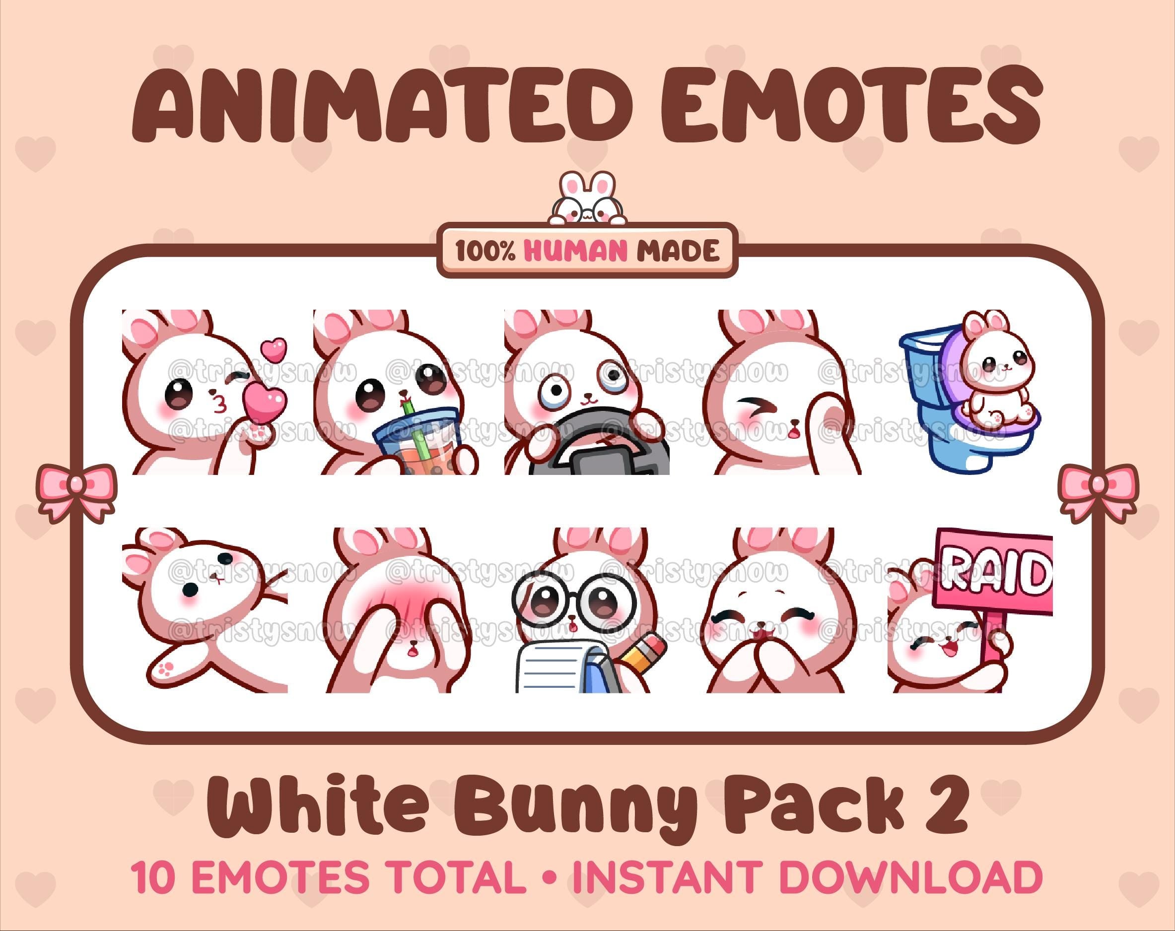 White Bunny animated Twitch emote pack featuring 10 emotes including kiss, facepalm, shy, and raid.
