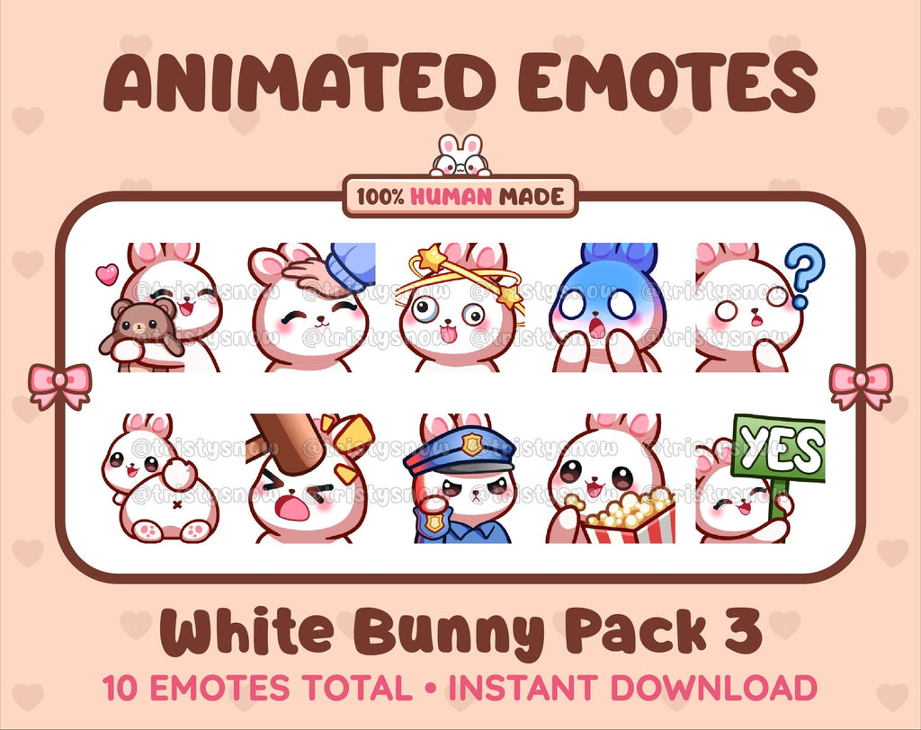 White Bunny animated Twitch emote pack featuring 10 emotes including hug, scared, bonk, and popcorn.