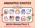 White Bunny animated Twitch emote pack featuring 10 emotes including hug, scared, bonk, and popcorn.