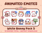 White Bunny animated Twitch emote pack featuring 10 emotes including hug, scared, bonk, and popcorn.