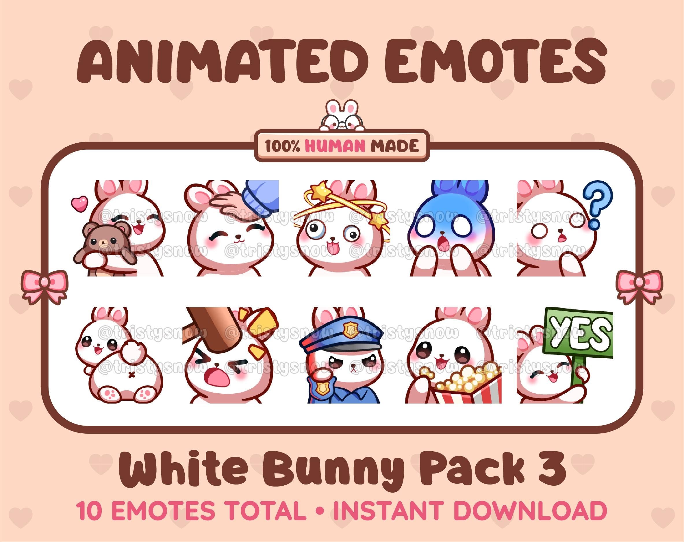 White Bunny animated Twitch emote pack featuring 10 emotes including hug, scared, bonk, and popcorn.