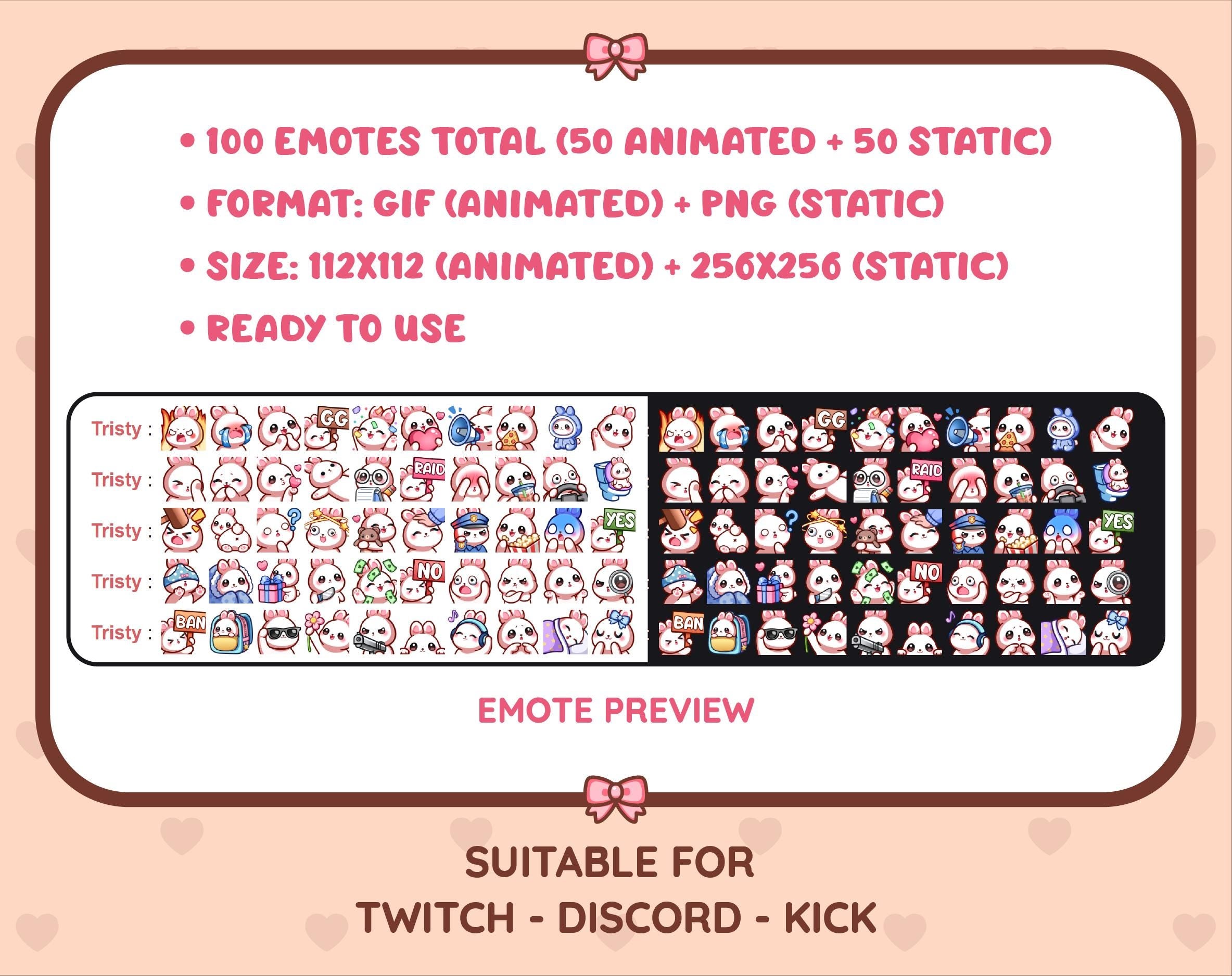 White Bunny animated Twitch emote mega pack preview displaying all 50 emotes with format and size information.