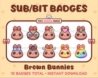 Brown Bunny Twitch sub badge pack featuring 10 subscriber badges with progressive addon elements.