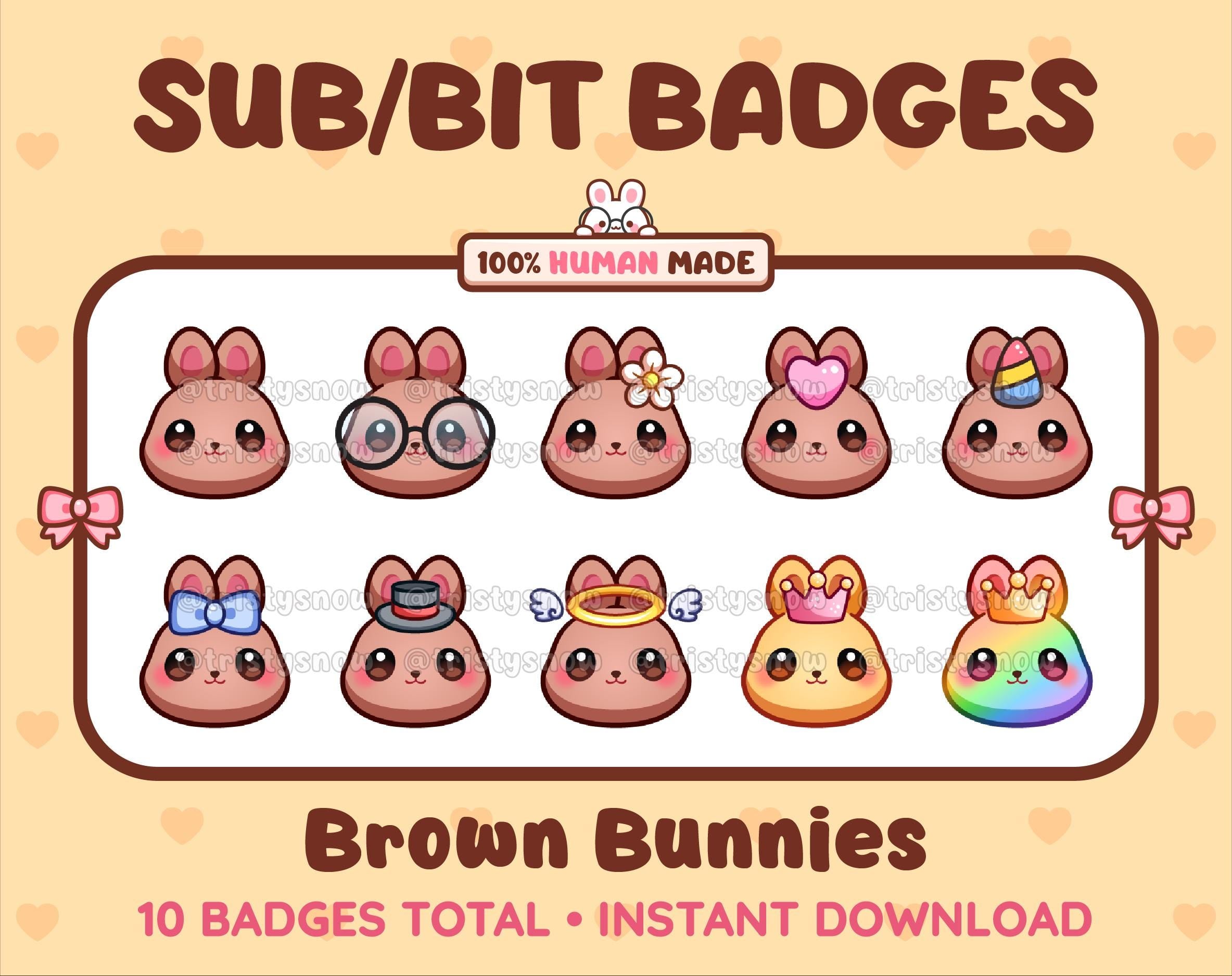 Brown Bunny Twitch sub badge pack featuring 10 subscriber badges with progressive addon elements.