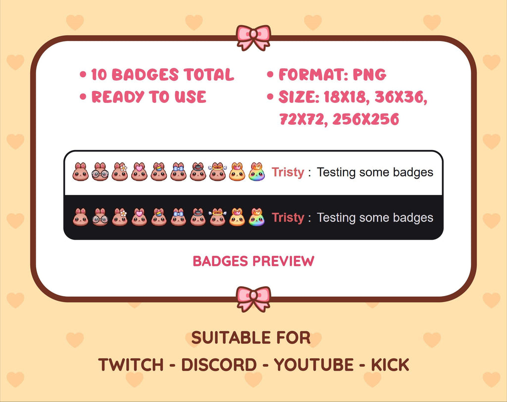 Brown Bunny Twitch sub badge pack preview displaying all 10 subscriber badges with format and size information.
