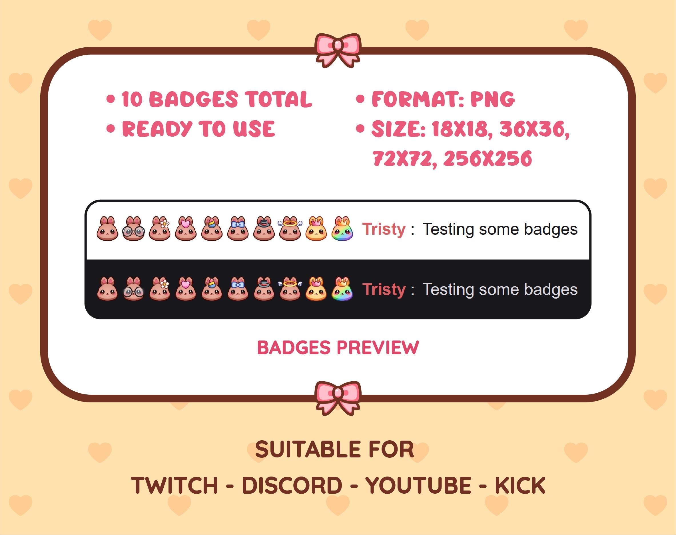 Brown Bunny Twitch sub badge pack preview displaying all 10 subscriber badges with format and size information.