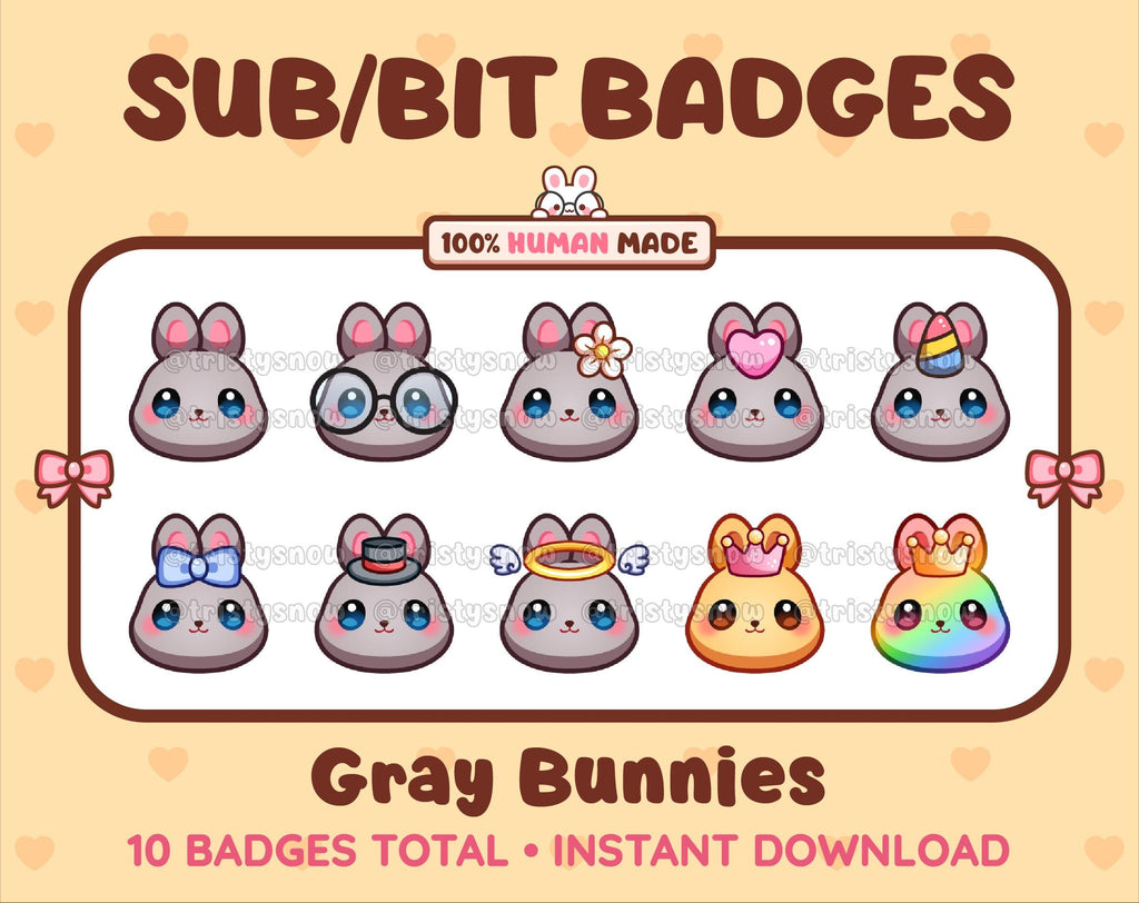 Gray Bunny Twitch sub badge pack featuring 10 subscriber badges with progressive addon elements.