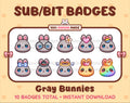 Gray Bunny Twitch sub badge pack featuring 10 subscriber badges with progressive addon elements.