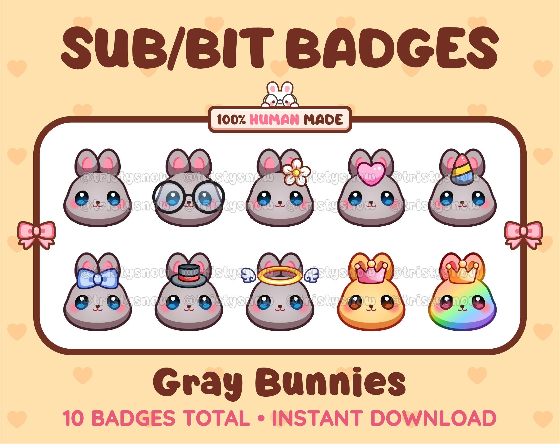 Gray Bunny Twitch sub badge pack featuring 10 subscriber badges with progressive addon elements.