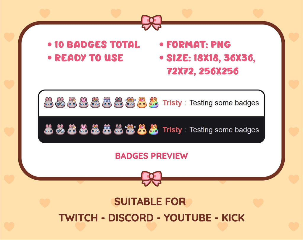 Gray Bunny Twitch sub badge pack preview displaying all 10 subscriber badges with format and size information.
