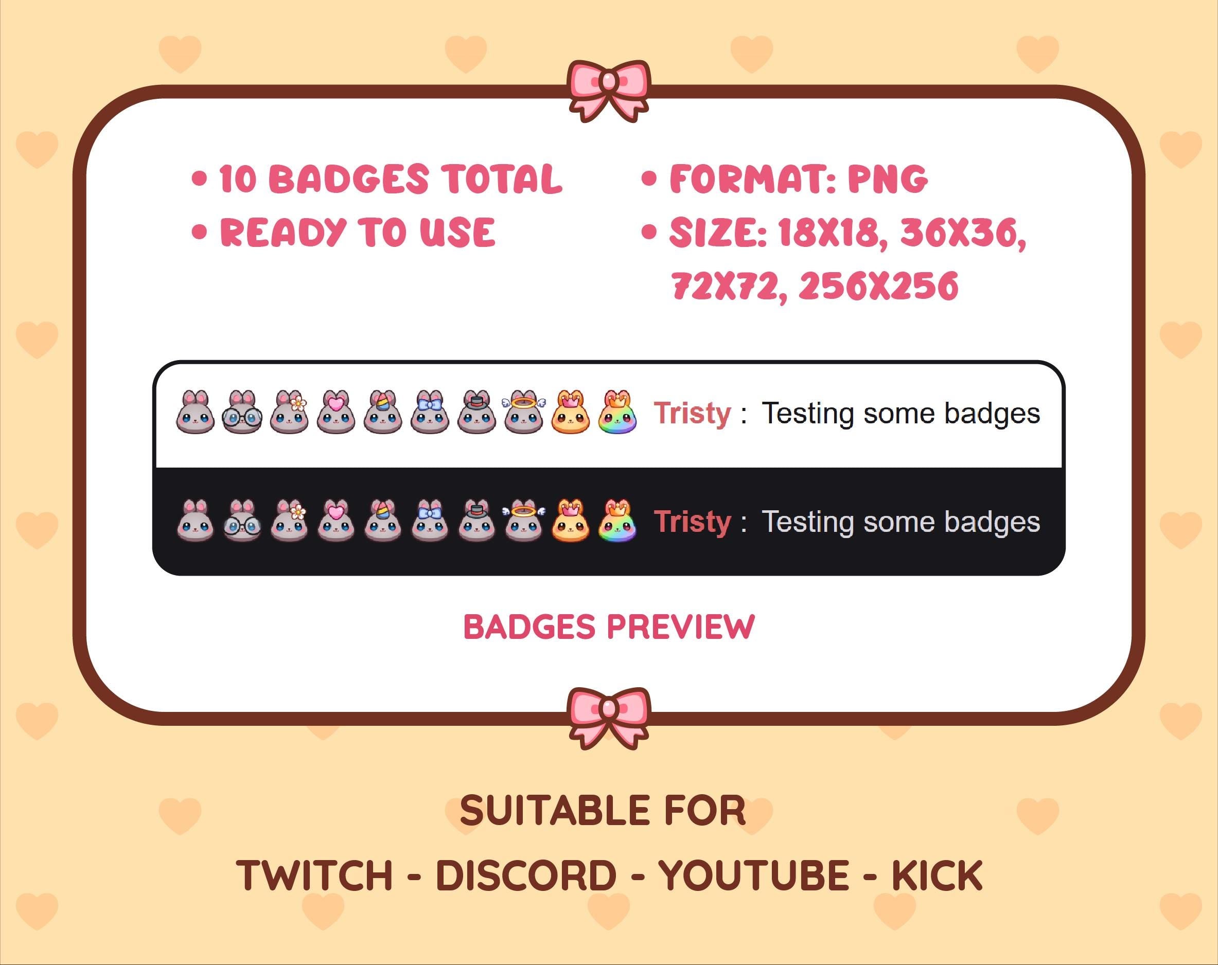 Gray Bunny Twitch sub badge pack preview displaying all 10 subscriber badges with format and size information.