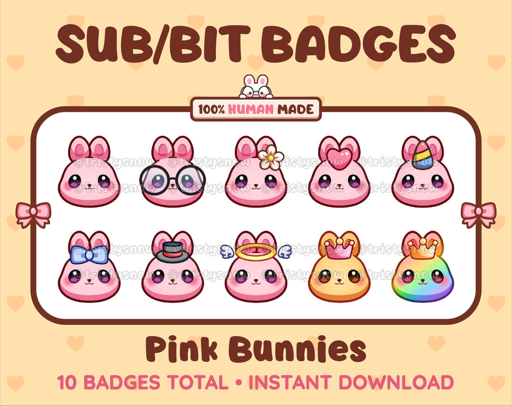 Pink Bunny Twitch sub badge pack featuring 10 subscriber badges with progressive addon elements.