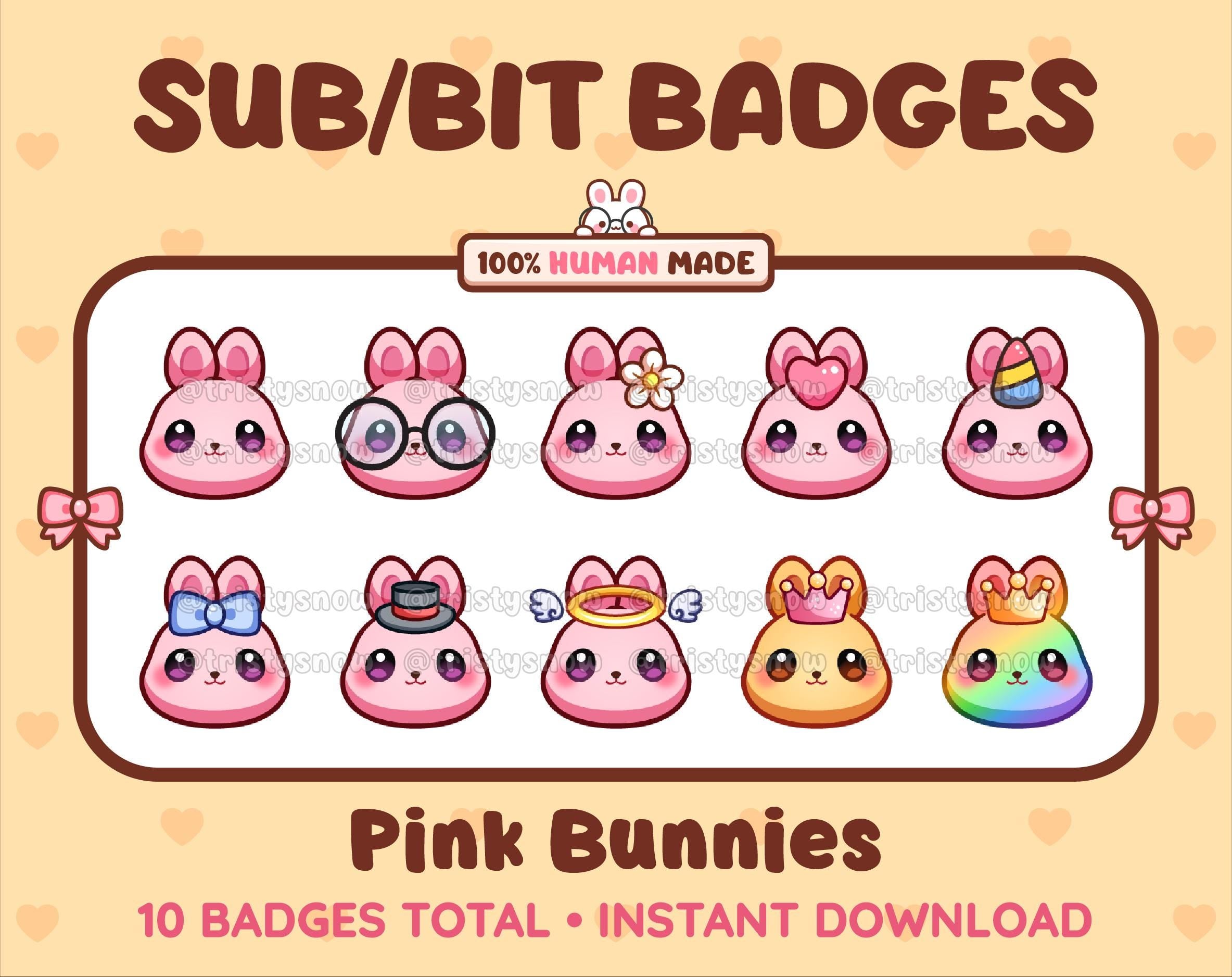 Pink Bunny Twitch sub badge pack featuring 10 subscriber badges with progressive addon elements.
