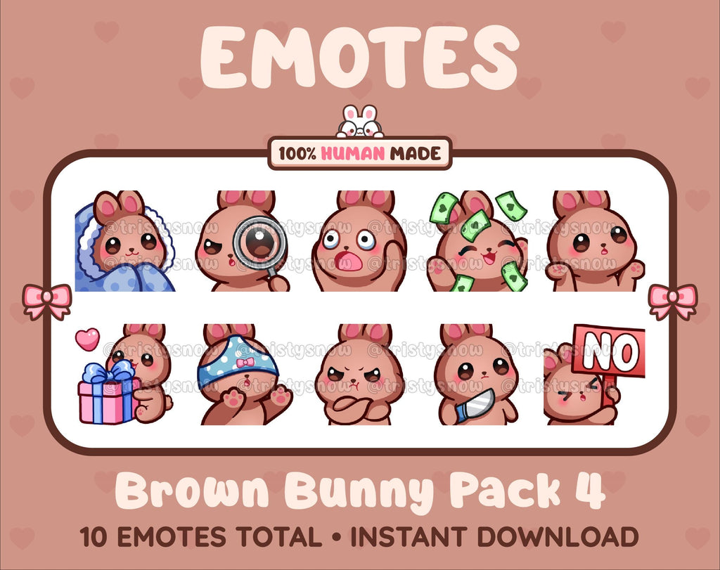 Brown Bunny Twitch emote pack featuring 10 emotes including cozy, sus, panic, and shrug.