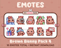 Brown Bunny Twitch emote pack featuring 10 emotes including cozy, sus, panic, and shrug.