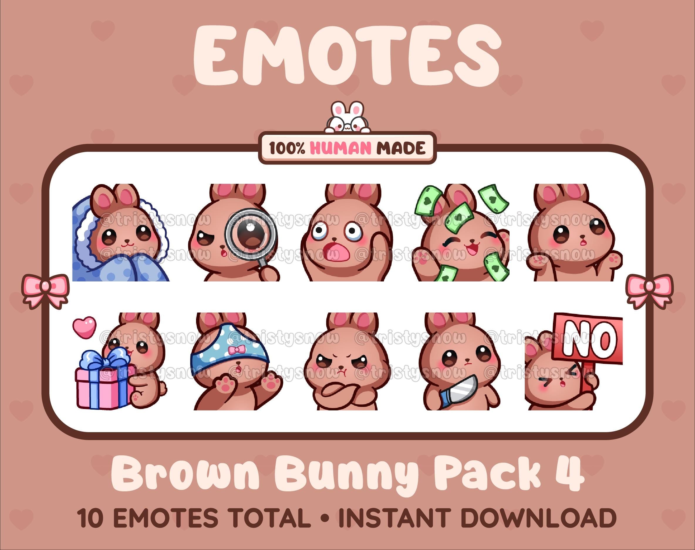 Brown Bunny Twitch emote pack featuring 10 emotes including cozy, sus, panic, and shrug.
