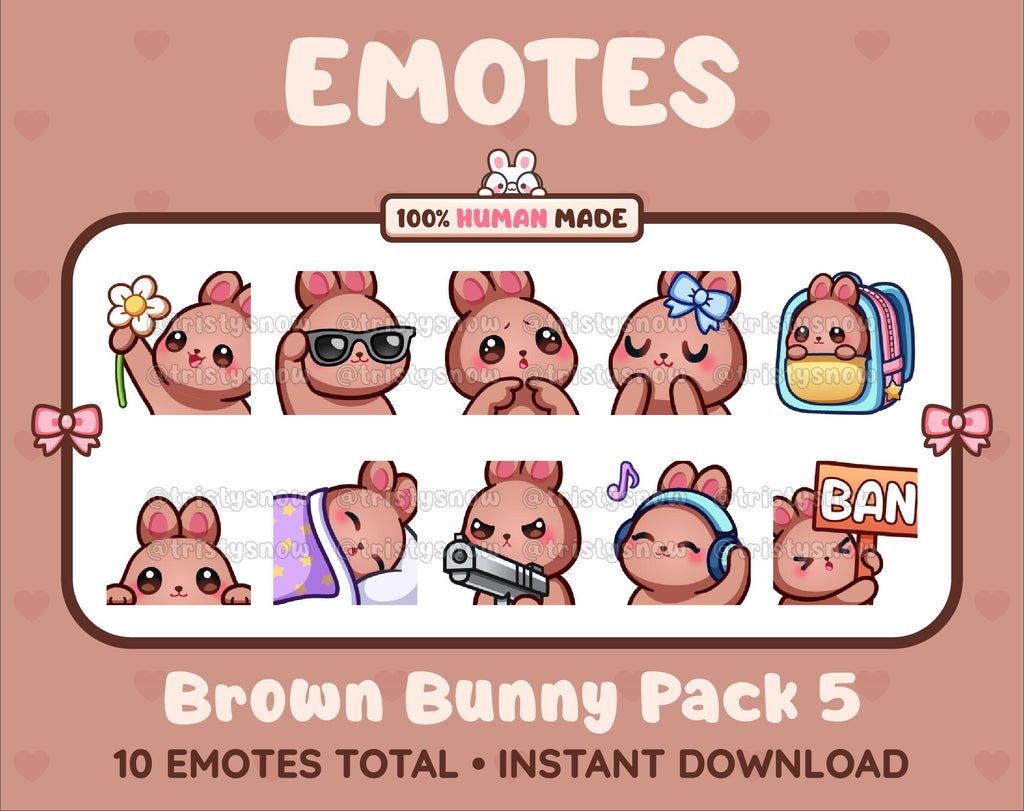 Brown Bunny Twitch emote pack featuring 10 emotes including flower, cool, plead, and lurk.