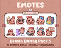 Brown Bunny Twitch emote pack featuring 10 emotes including flower, cool, plead, and lurk.